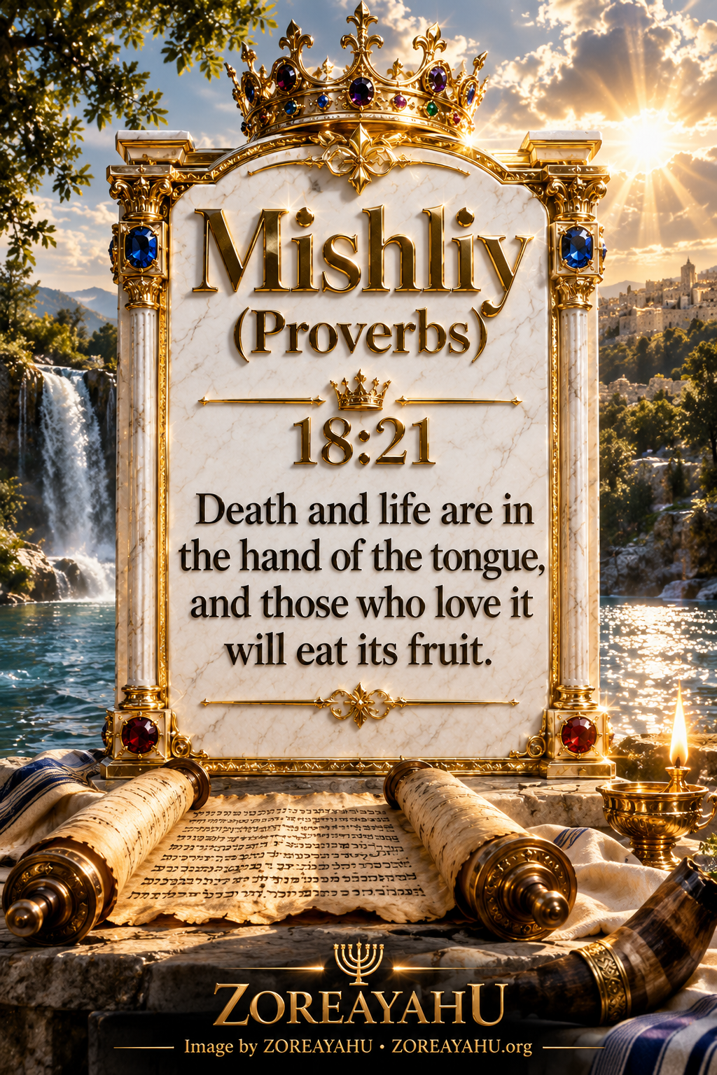 Mishliy (Proverbs) 18:21 scripture art by ZoreaYahu. Death and life are in the hand of the tongue